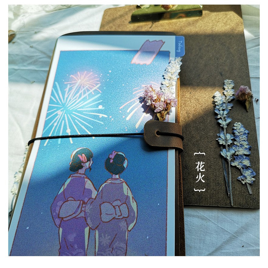 Notte Studio_Girl Kimono Fireworks Read Sky and birds Travelers Notebook A6 Hobonichi Pencil Board