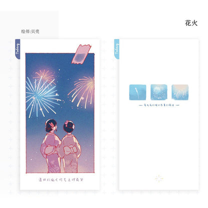 Notte Studio_Girl Kimono Fireworks Read Sky and birds Travelers Notebook A6 Hobonichi Pencil Board